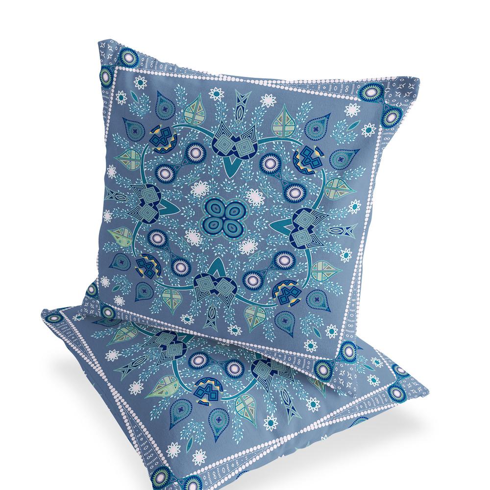 Set of Two 16" X 16" Blue, White Blown Seam Paisley Indoor Outdoor Throw Pillow. Picture 4