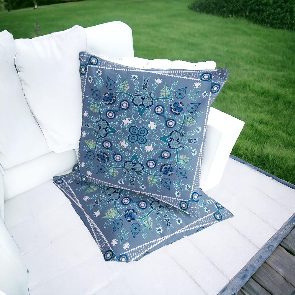 Set of Two 16" X 16" Blue, White Blown Seam Paisley Indoor Outdoor Throw Pillow. Picture 1