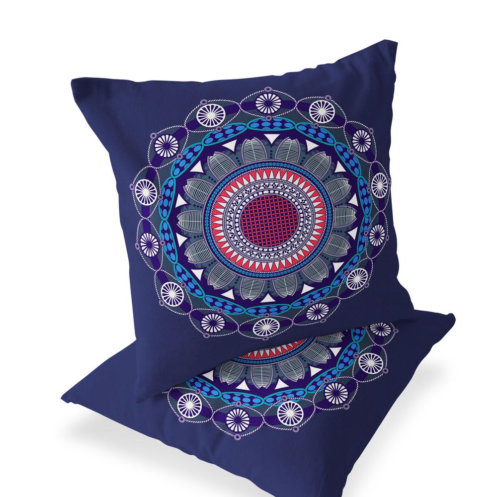 Set of Two 16" X 16" Blue, White Blown Seam Floral Indoor Outdoor Throw Pillow. Picture 1