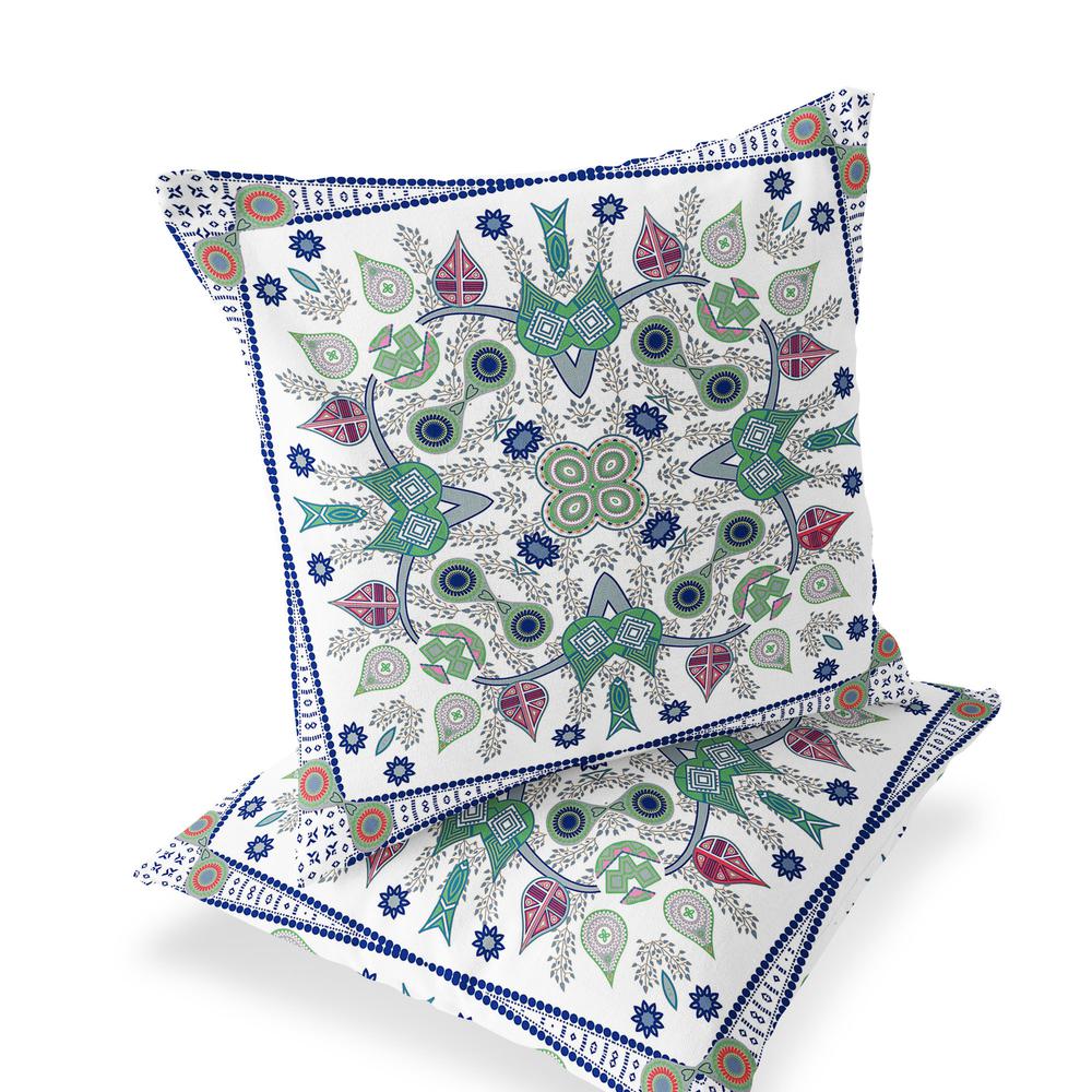 Blue, Off White Blown Seam Paisley Indoor Outdoor Throw Pillow. Picture 2