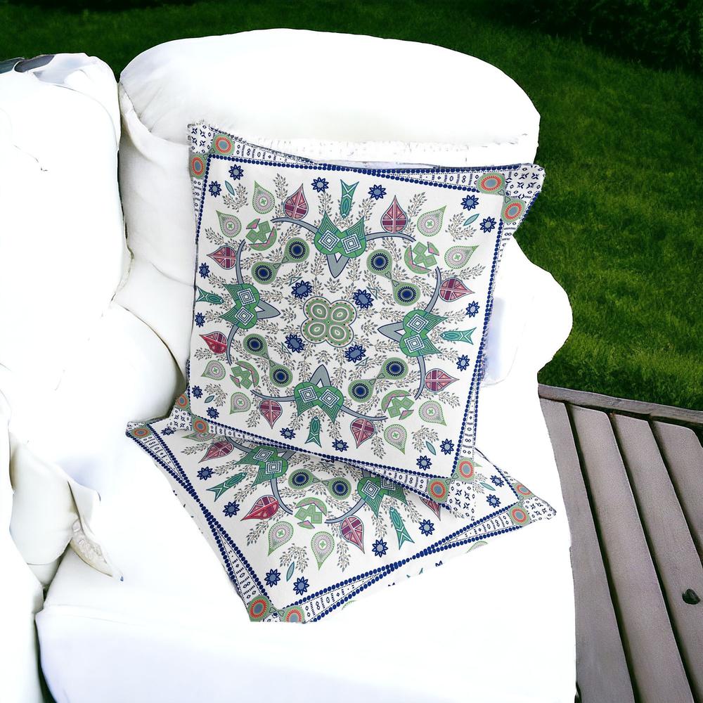 Blue, Off White Blown Seam Paisley Indoor Outdoor Throw Pillow. Picture 1