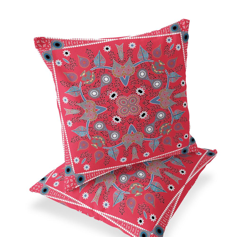 Set of Two 16" X 16" Gray, Red Blown Seam Paisley Indoor Outdoor Throw Pillow. Picture 1