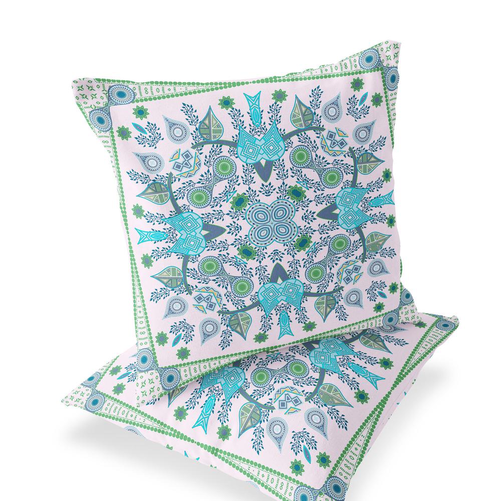 Green, White Blown Seam Paisley Indoor Outdoor Throw Pillow. Picture 1