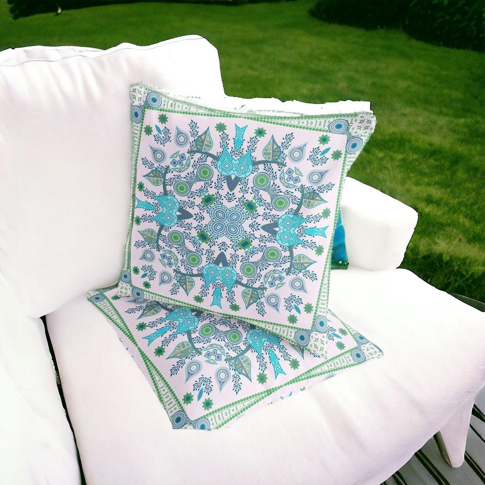 Green, White Blown Seam Paisley Indoor Outdoor Throw Pillow. Picture 2
