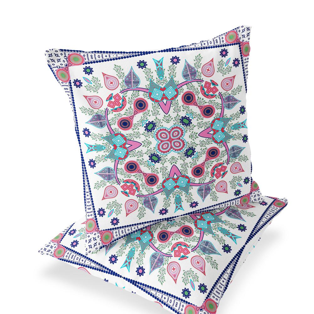 Set of Two 16" X 16" Pink, White Blown Seam Paisley Indoor Outdoor Throw Pillow. Picture 1