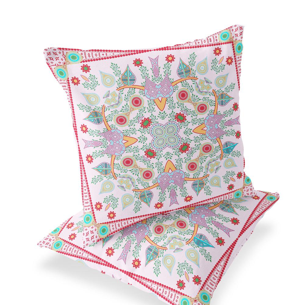 Set of Two 16" X 16" Red, Pink Blown Seam Paisley Indoor Outdoor Throw Pillow. Picture 1