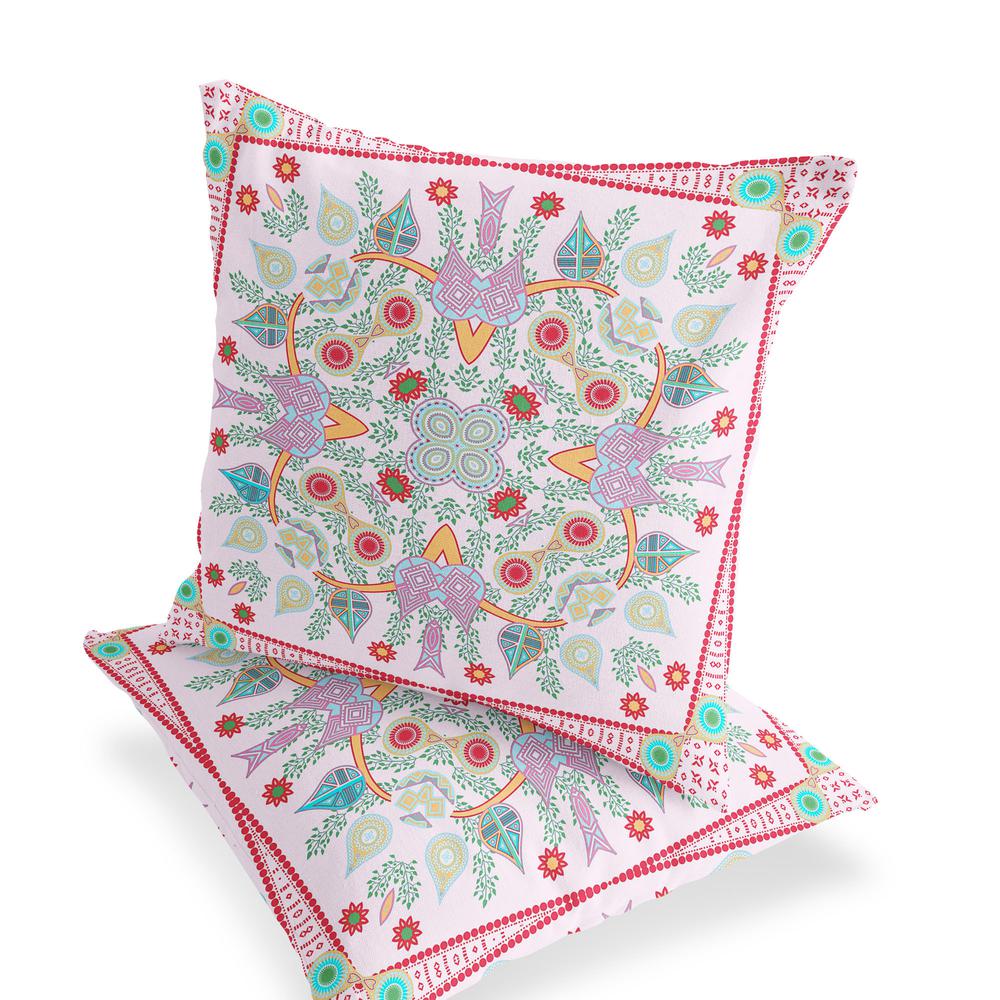Set of Two 16" X 16" Red, Pink Blown Seam Paisley Indoor Outdoor Throw Pillow. Picture 3