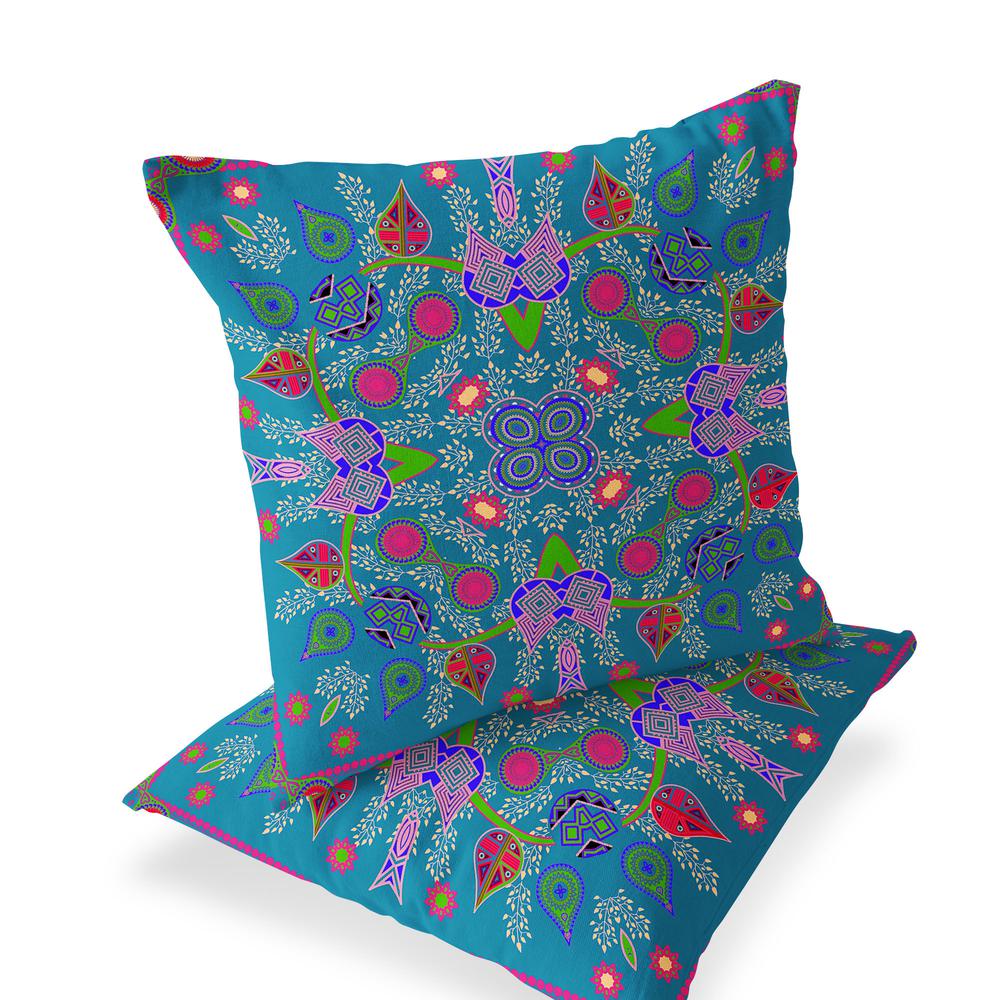 Set of Two 16" X 16" Blue, Green Blown Seam Paisley Indoor Outdoor Throw Pillow. Picture 1