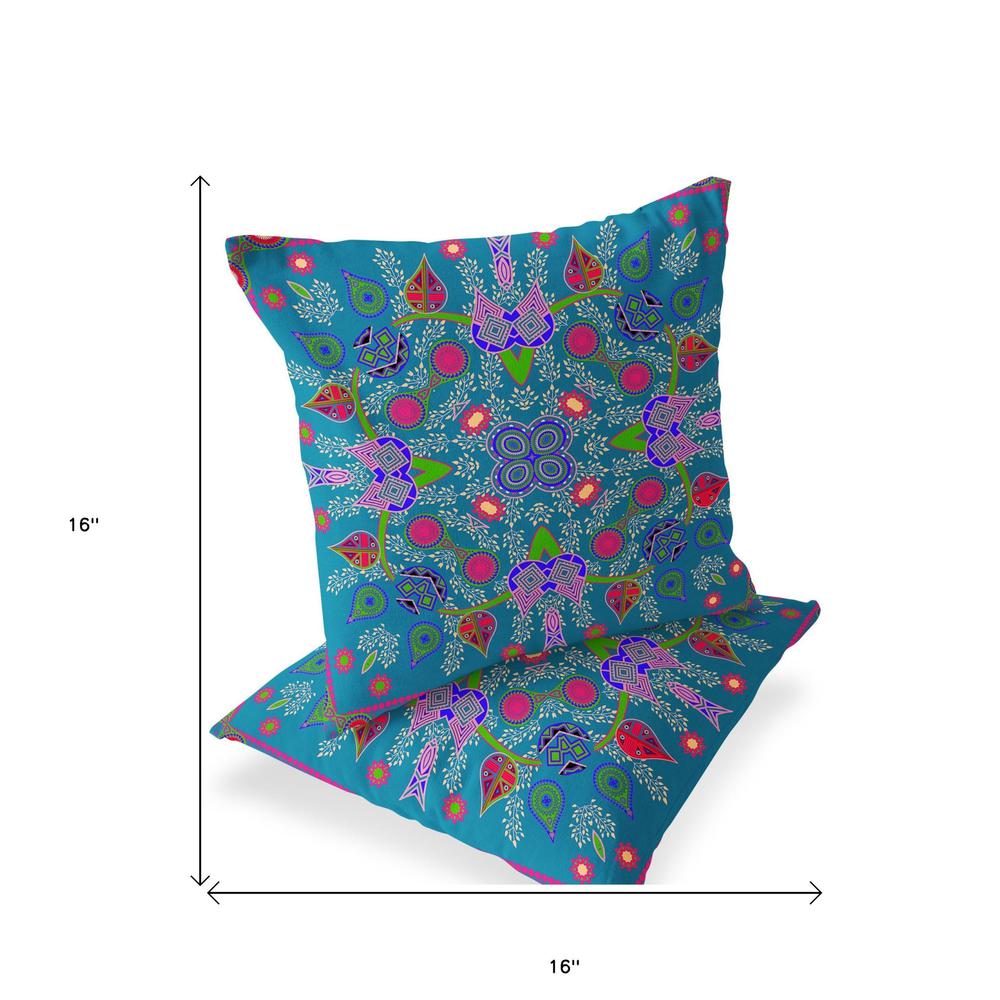 Set of Two 16" X 16" Blue, Green Blown Seam Paisley Indoor Outdoor Throw Pillow. Picture 5