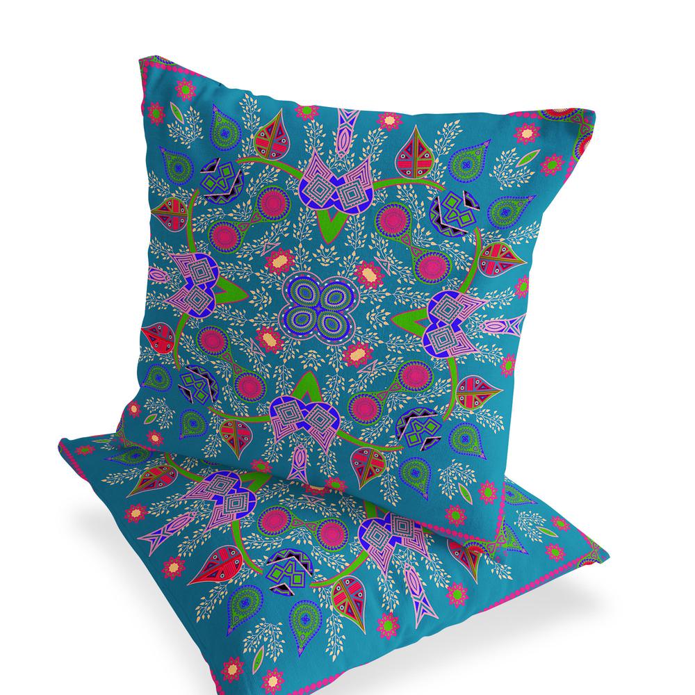 Set of Two 16" X 16" Blue, Green Blown Seam Paisley Indoor Outdoor Throw Pillow. Picture 4