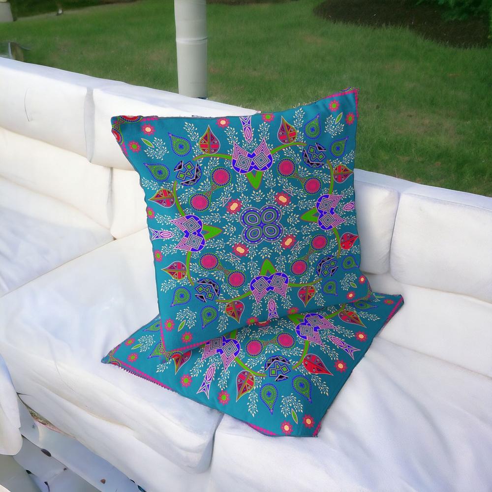 Set of Two 16" X 16" Blue, Green Blown Seam Paisley Indoor Outdoor Throw Pillow. Picture 2