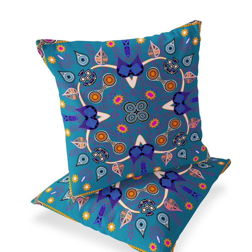 Set of Two 16" X 16" Blue Blown Seam Paisley Indoor Outdoor Throw Pillow. Picture 1