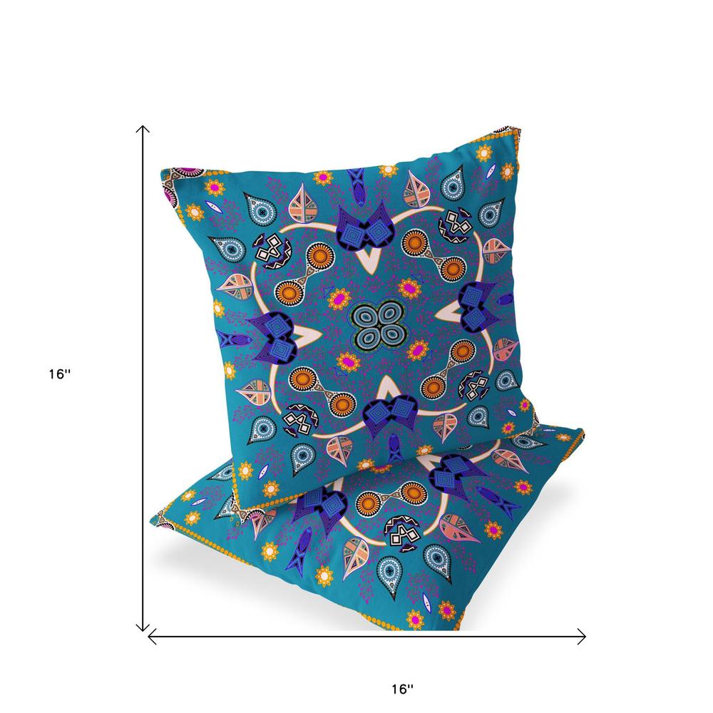 Set of Two 16" X 16" Blue Blown Seam Paisley Indoor Outdoor Throw Pillow. Picture 4