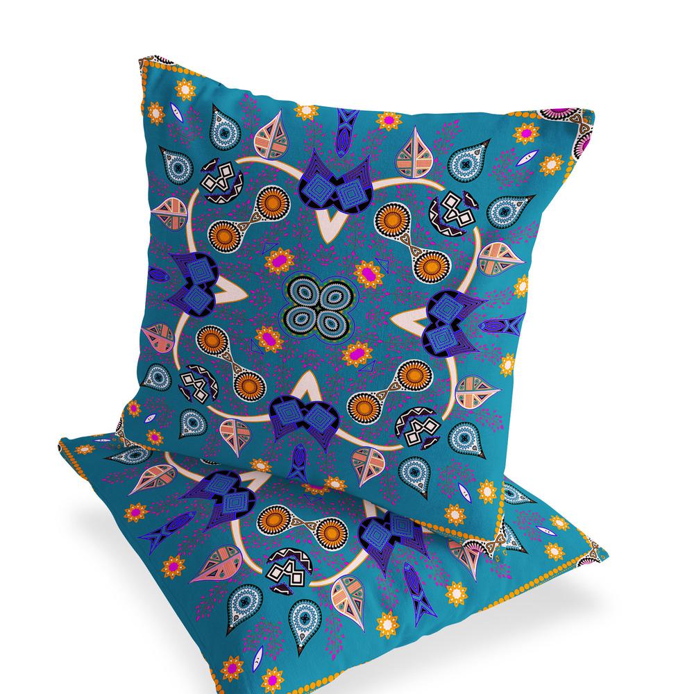 Set of Two 16" X 16" Blue Blown Seam Paisley Indoor Outdoor Throw Pillow. Picture 3