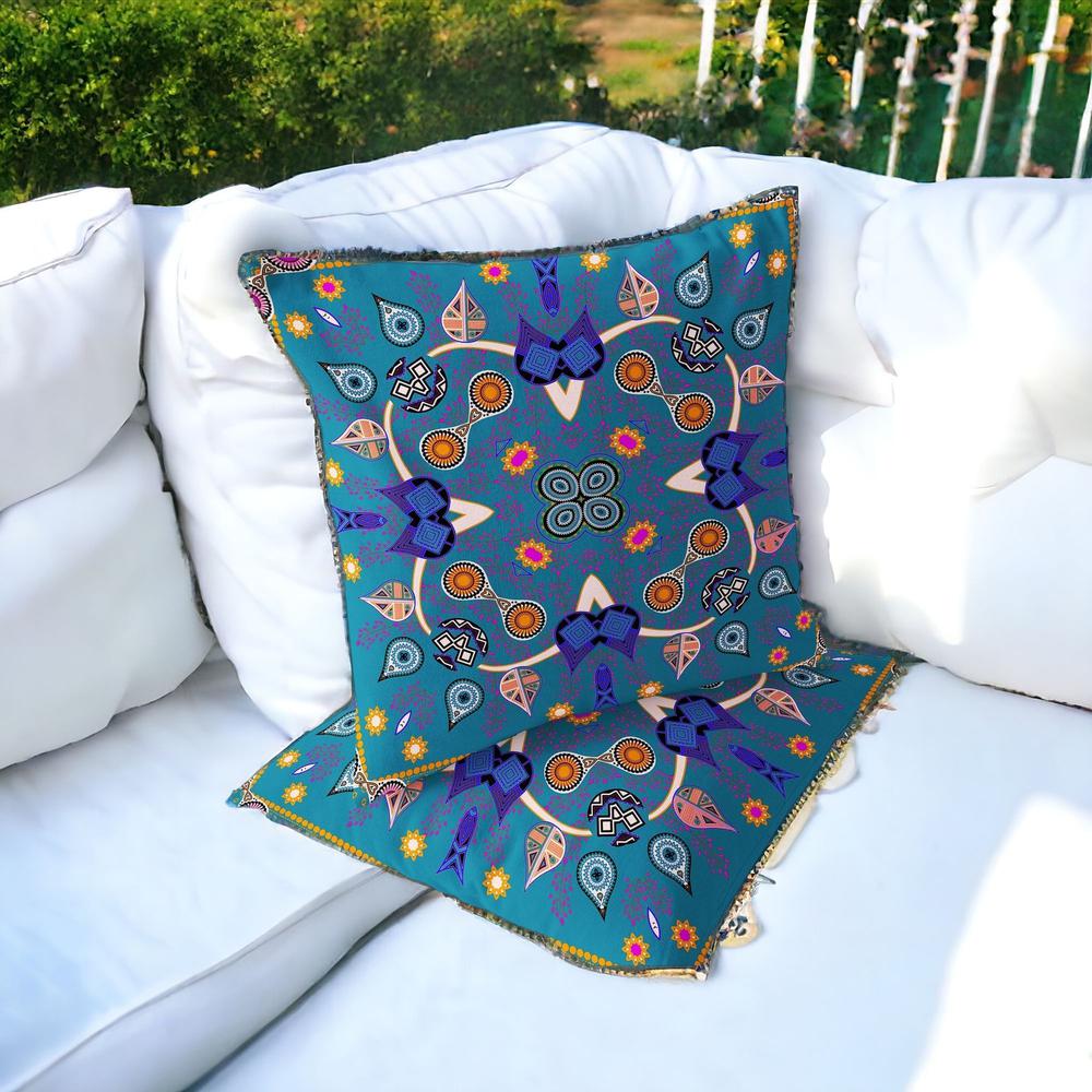 Set of Two 16" X 16" Blue Blown Seam Paisley Indoor Outdoor Throw Pillow. Picture 5