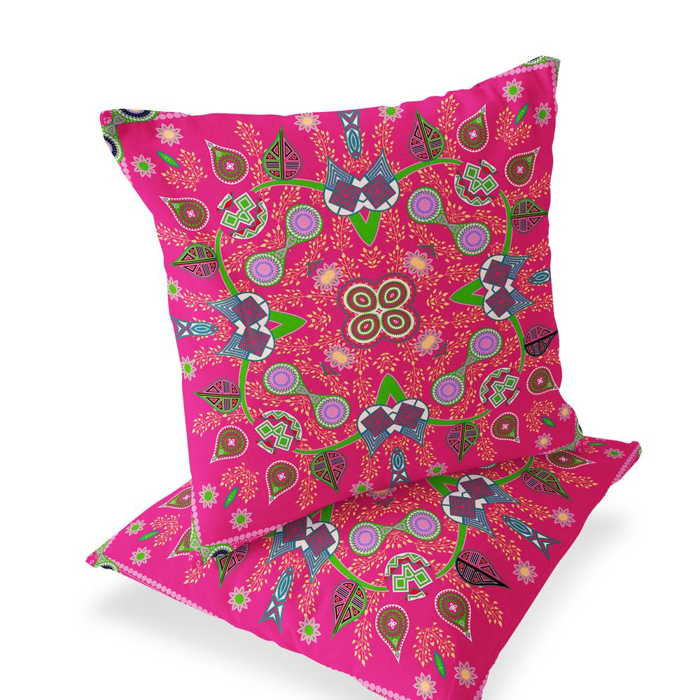 Set of Two 16" X 16" Hot Pink Blown Seam Paisley Indoor Outdoor Throw Pillow. Picture 1