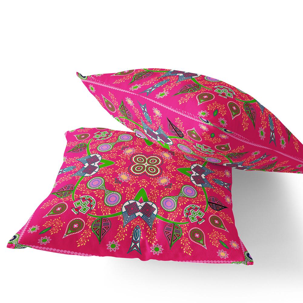 Set of Two 16" X 16" Hot Pink Blown Seam Paisley Indoor Outdoor Throw Pillow. Picture 2