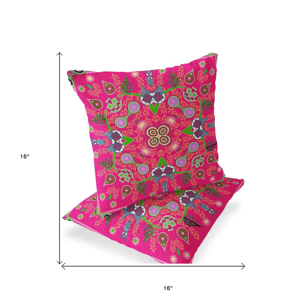 Set of Two 16" X 16" Hot Pink Blown Seam Paisley Indoor Outdoor Throw Pillow. Picture 4