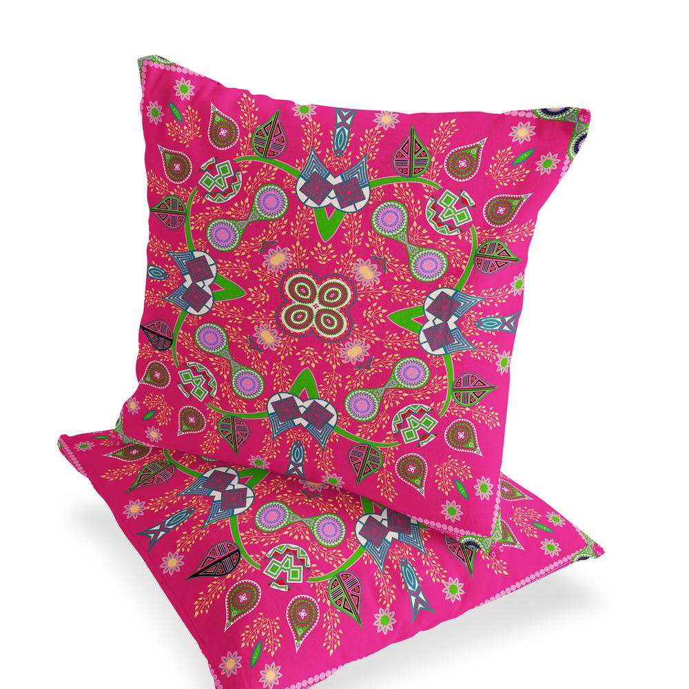 Set of Two 16" X 16" Hot Pink Blown Seam Paisley Indoor Outdoor Throw Pillow. Picture 3