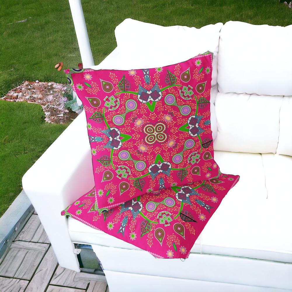 Set of Two 16" X 16" Hot Pink Blown Seam Paisley Indoor Outdoor Throw Pillow. Picture 5