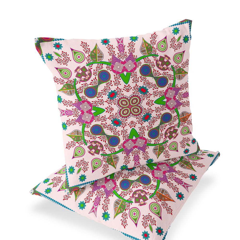 Set of Two 16" X 16" Pink Blown Seam Paisley Indoor Outdoor Throw Pillow. Picture 1