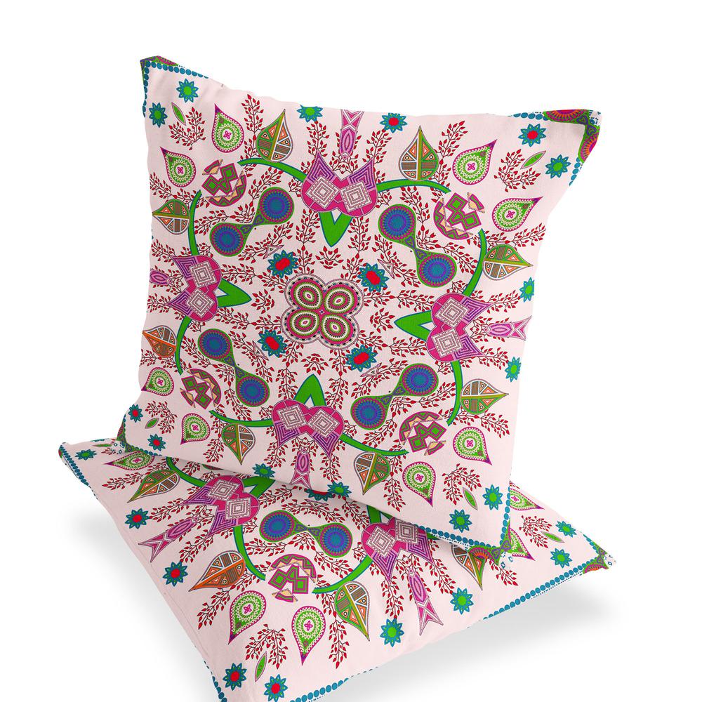 Set of Two 16" X 16" Pink Blown Seam Paisley Indoor Outdoor Throw Pillow. Picture 4