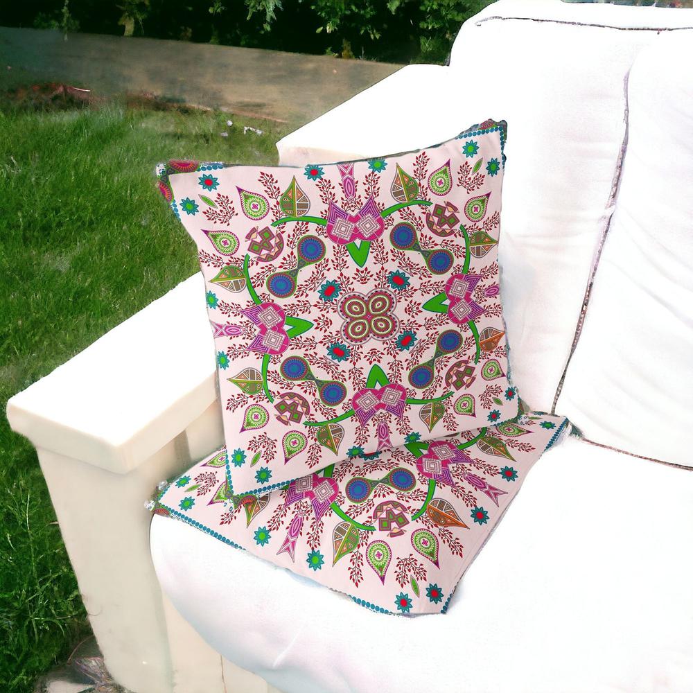 Set of Two 16" X 16" Pink Blown Seam Paisley Indoor Outdoor Throw Pillow. Picture 2