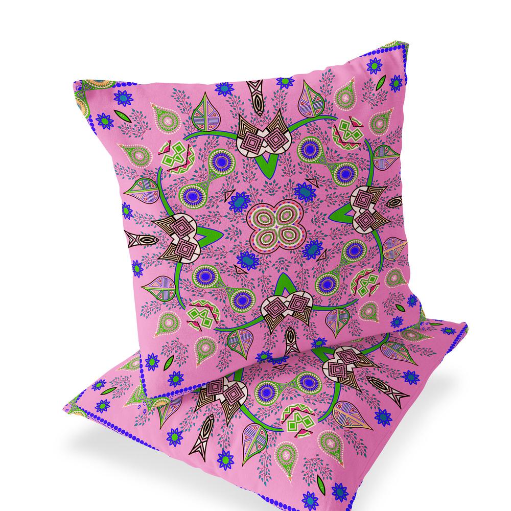 Set of Two 16" X 16" Pink Blown Seam Abstract Indoor Outdoor Throw Pillow. Picture 1