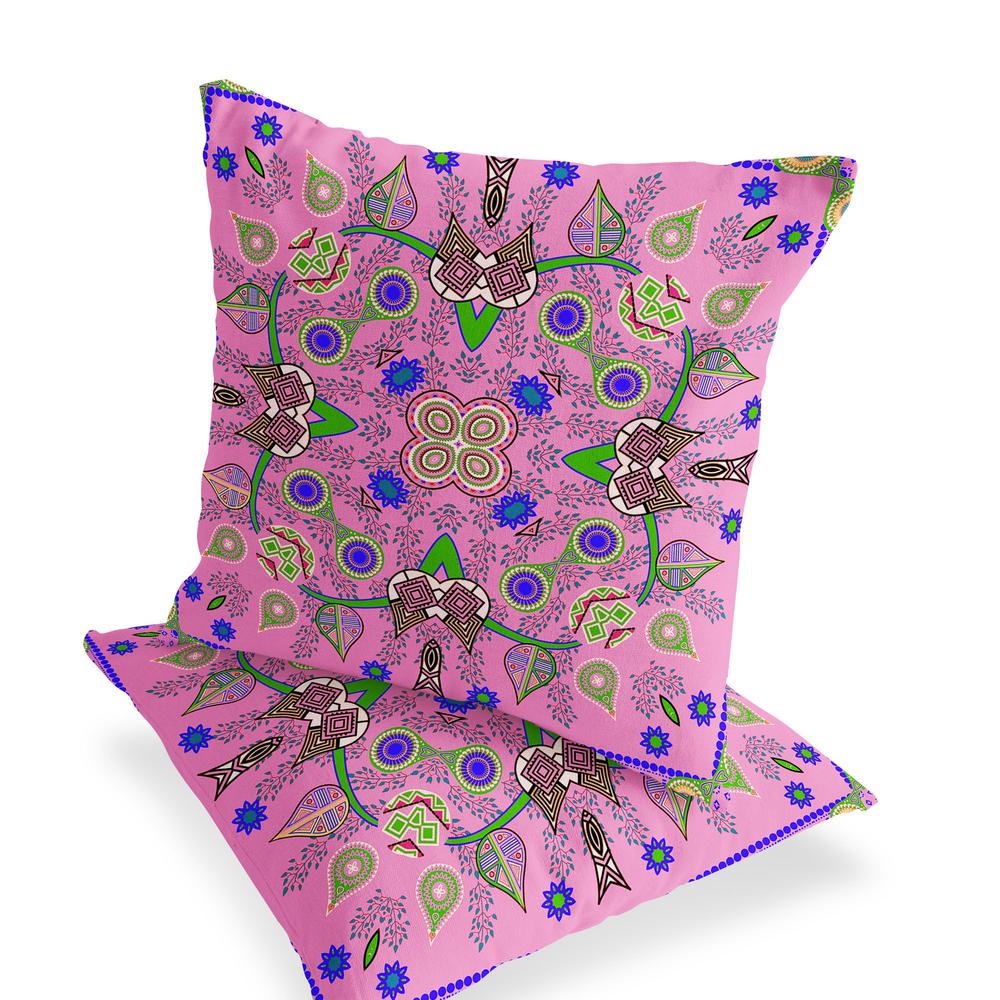 Set of Two 16" X 16" Pink Blown Seam Abstract Indoor Outdoor Throw Pillow. Picture 4