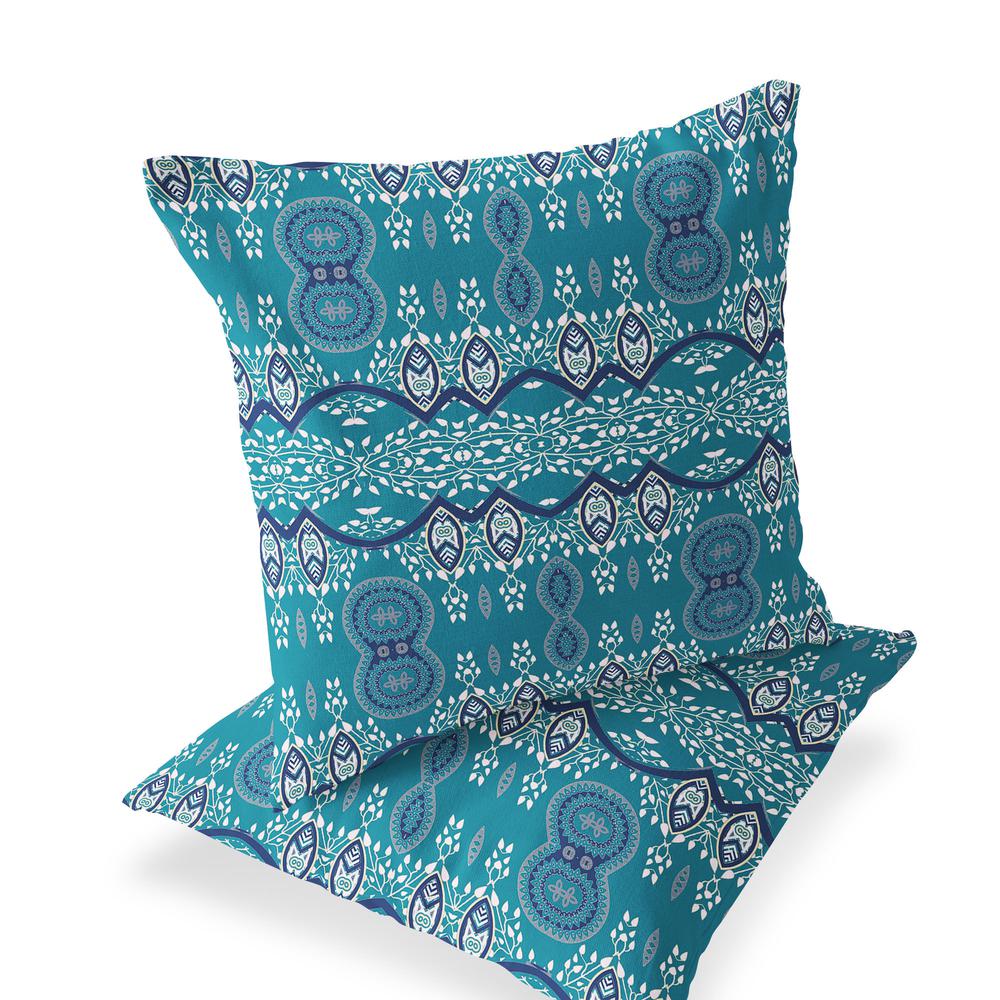 Set of Two 16" X 16" Aqua Blown Seam Abstract Indoor Outdoor Throw Pillow. Picture 1