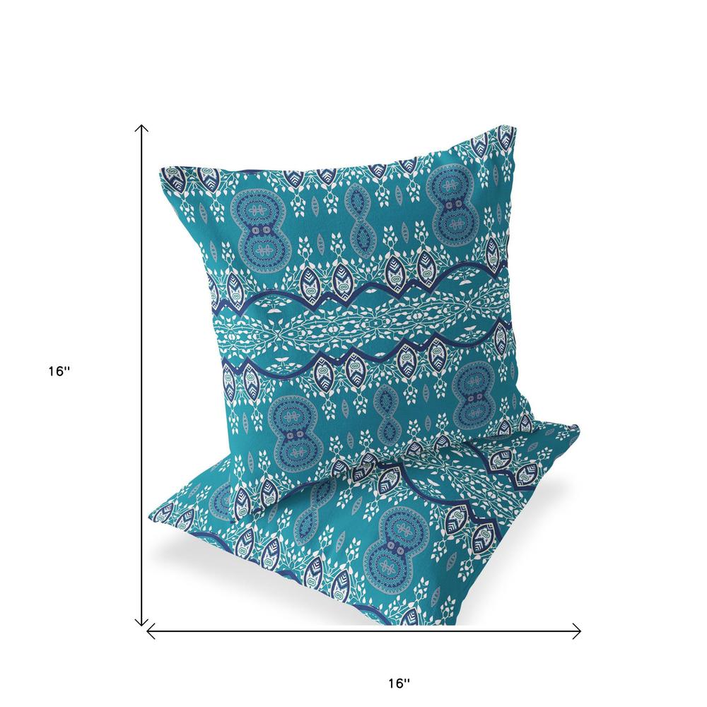Set of Two 16" X 16" Aqua Blown Seam Abstract Indoor Outdoor Throw Pillow. Picture 4