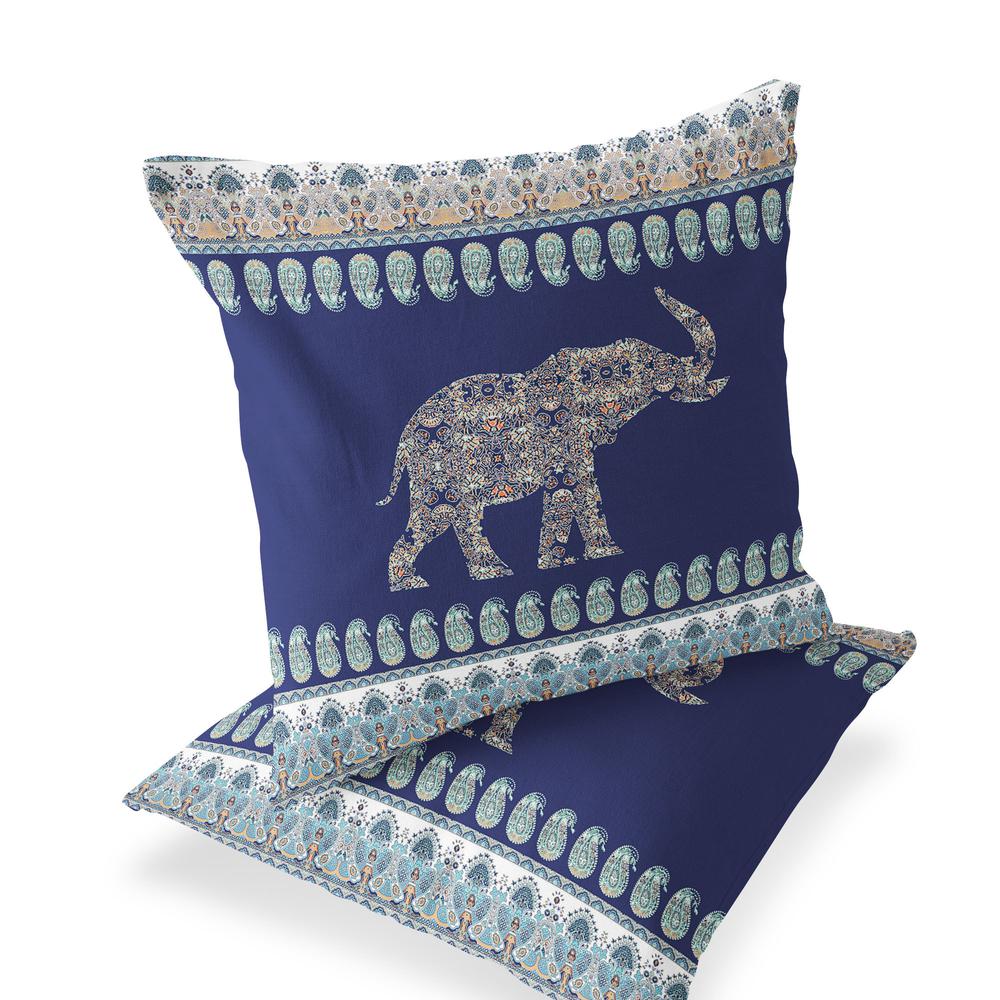 Set of Two 16" X 16" Navy Blue Elephant Blown Seam Indoor Outdoor Throw Pillow. Picture 1
