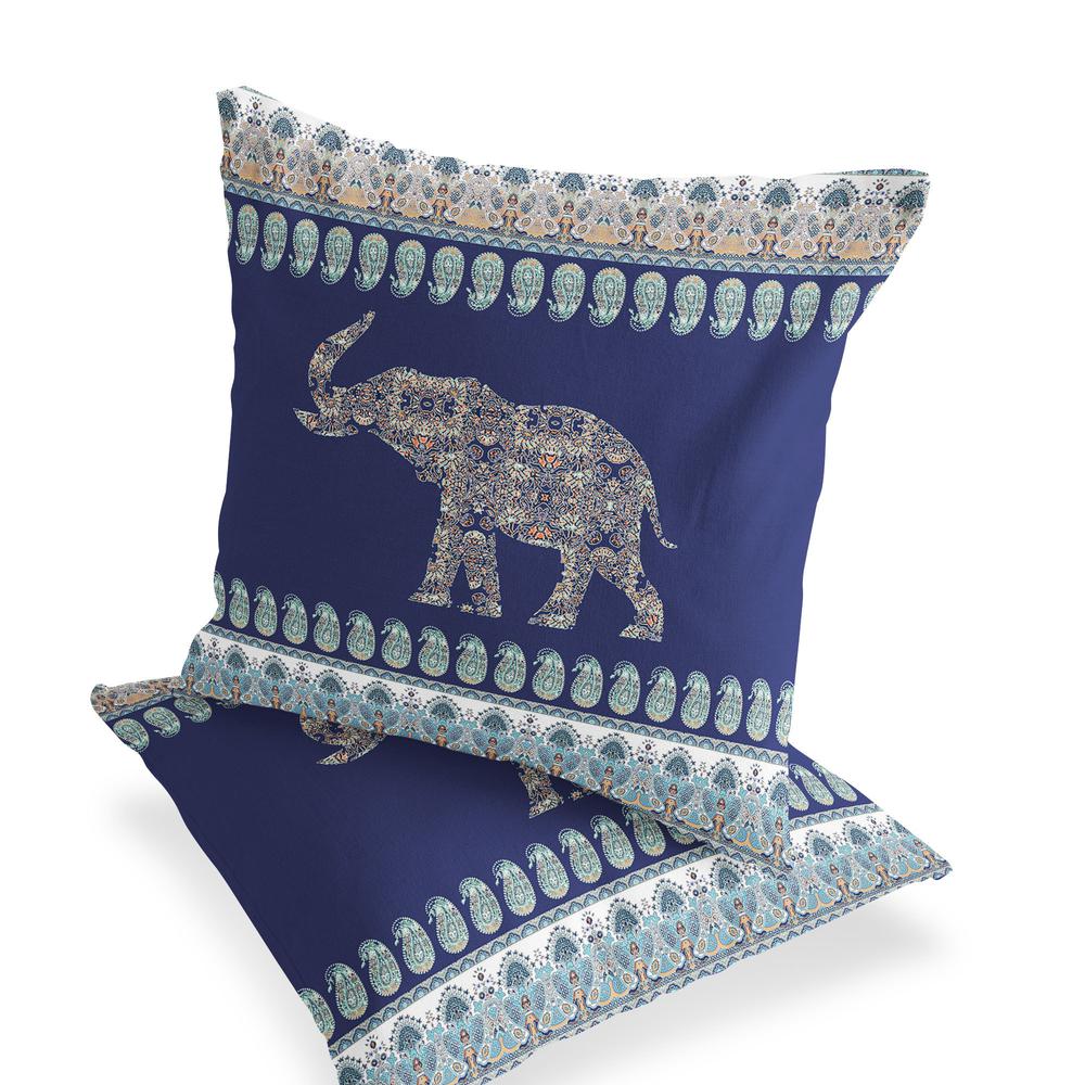 Set of Two 16" X 16" Navy Blue Elephant Blown Seam Indoor Outdoor Throw Pillow. Picture 4