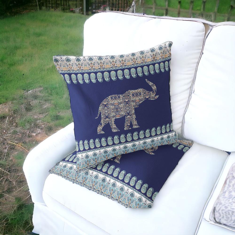 Set of Two 16" X 16" Navy Blue Elephant Blown Seam Indoor Outdoor Throw Pillow. Picture 2