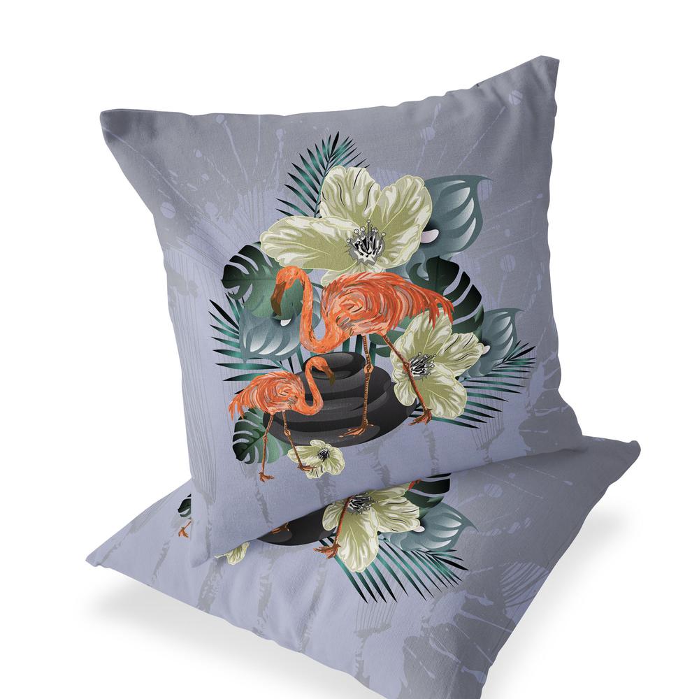 Gray, Orange Flamingo Blown Seam Floral Indoor Outdoor Throw Pillow. Picture 1