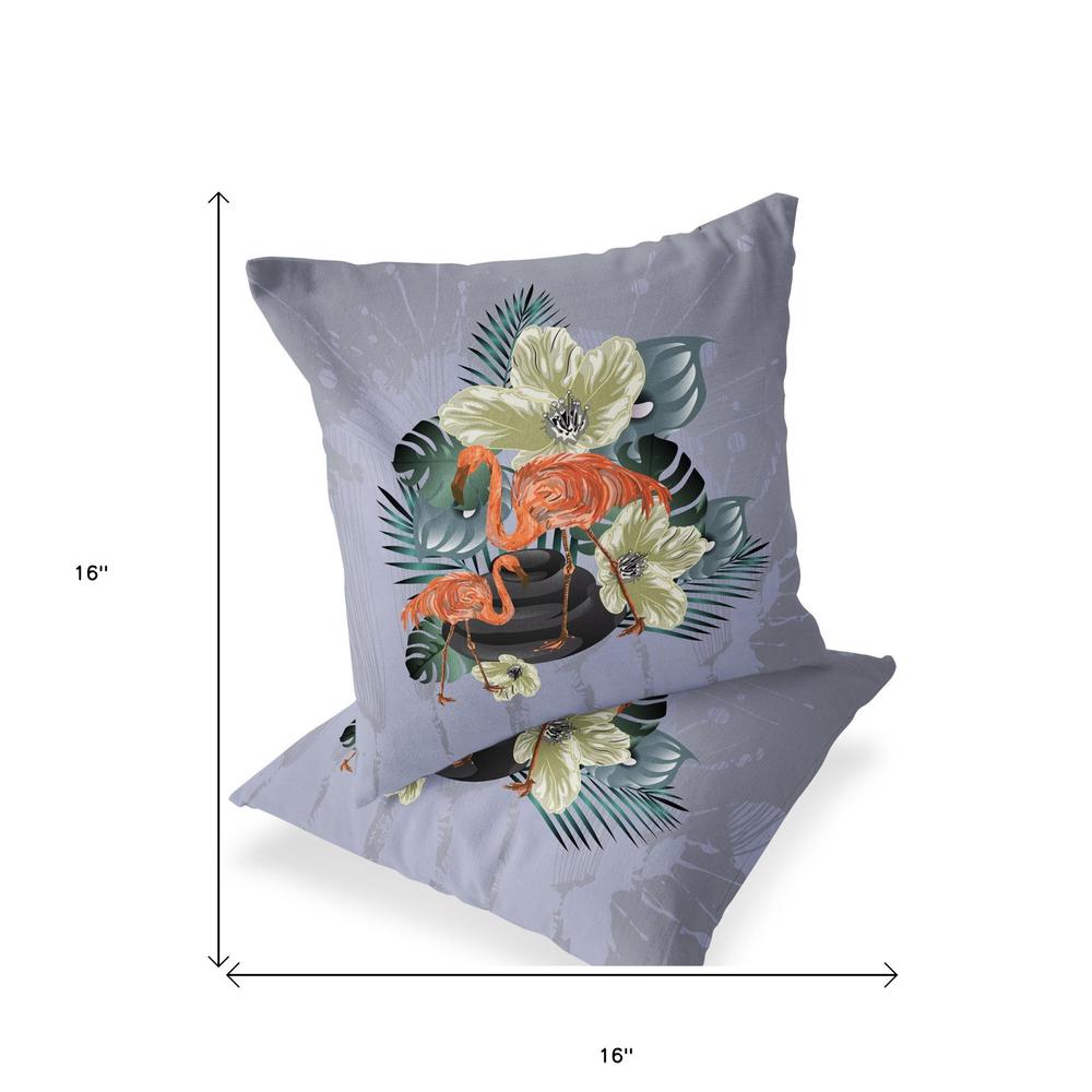 Gray, Orange Flamingo Blown Seam Floral Indoor Outdoor Throw Pillow. Picture 4