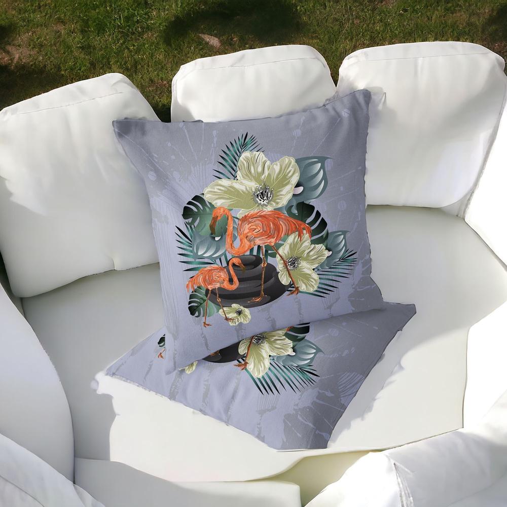 Gray, Orange Flamingo Blown Seam Floral Indoor Outdoor Throw Pillow. Picture 5