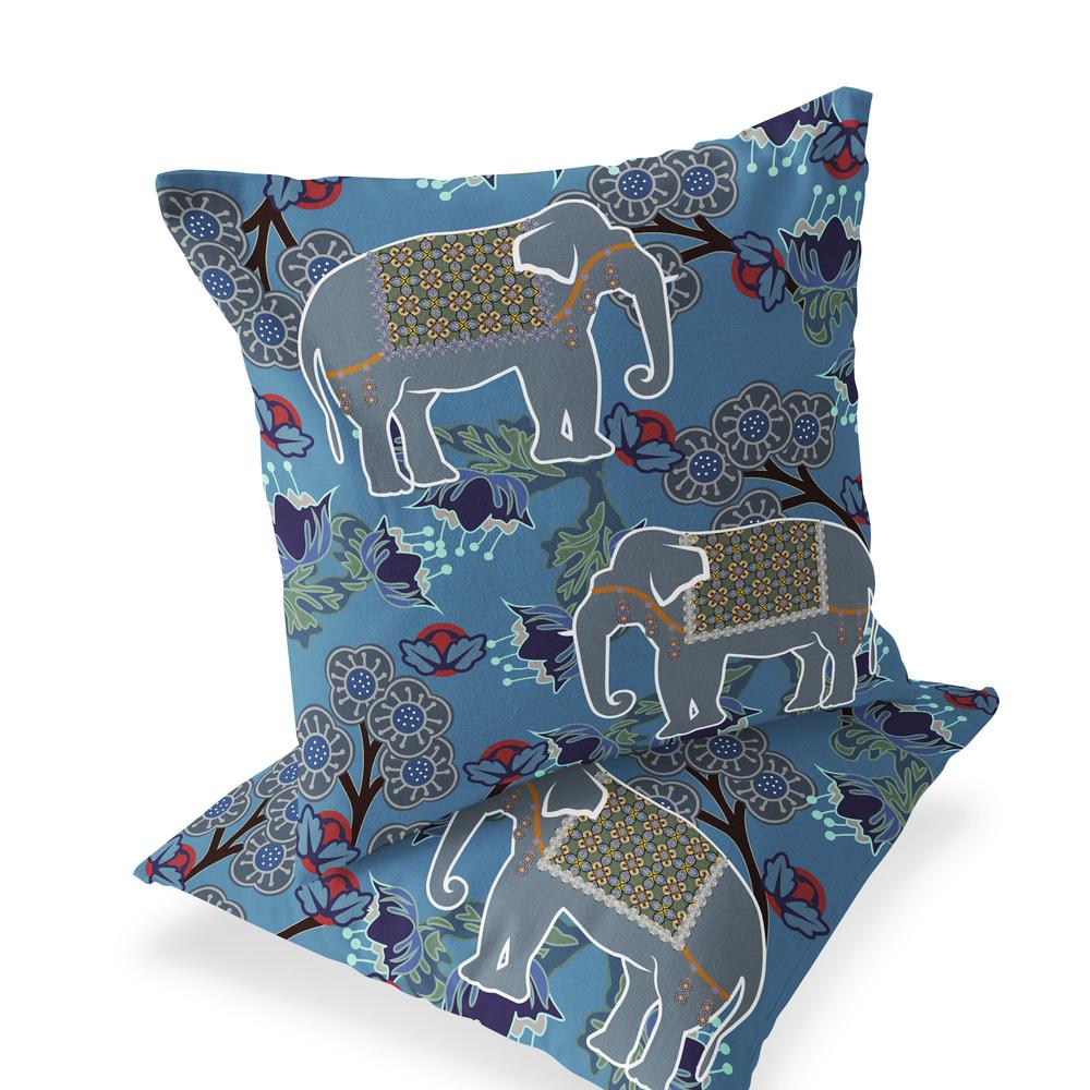 Set of Two 16" X 16" Blue and White Elephant Indoor Outdoor Throw Pillow. Picture 1