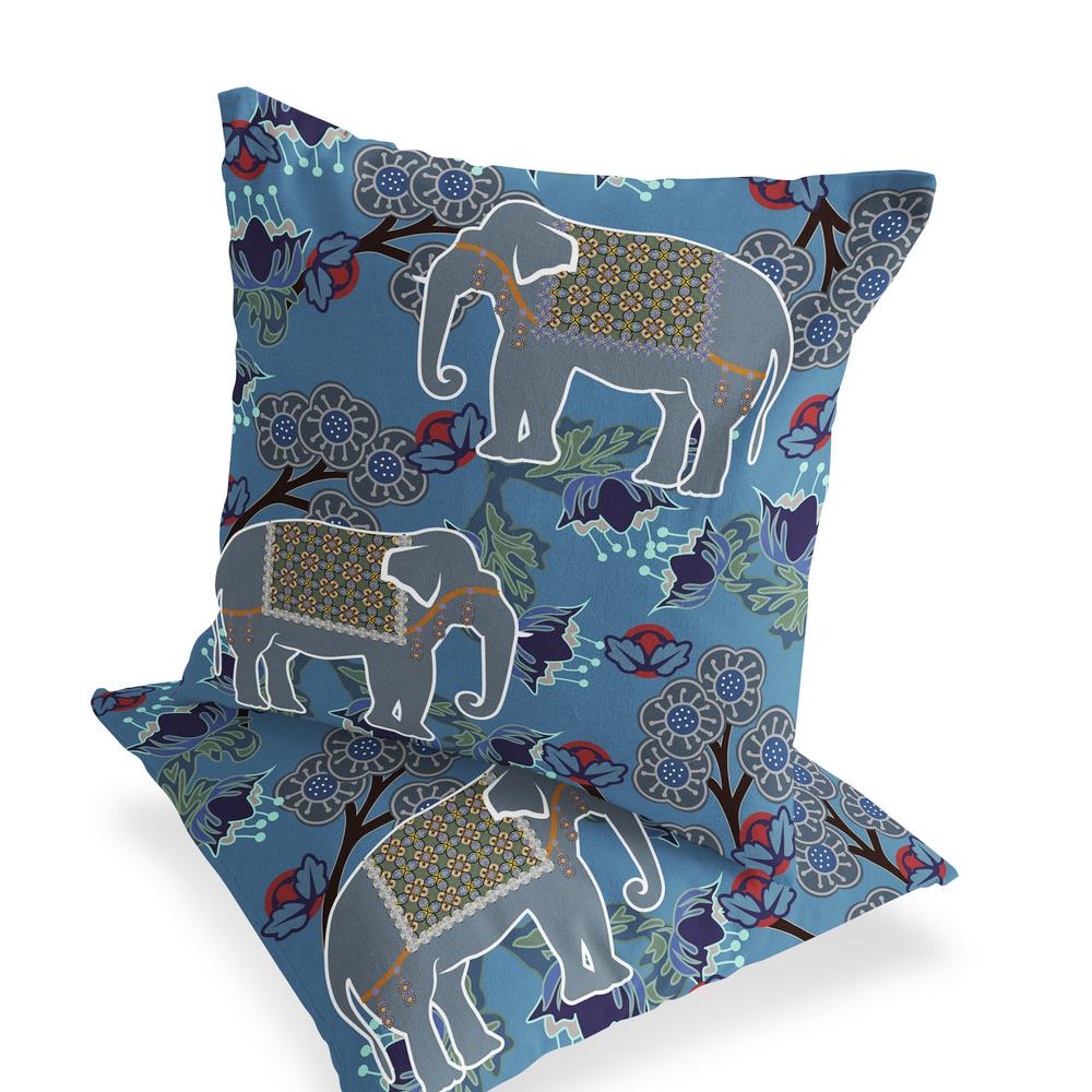 Set of Two 16" X 16" Blue and White Elephant Indoor Outdoor Throw Pillow. Picture 3