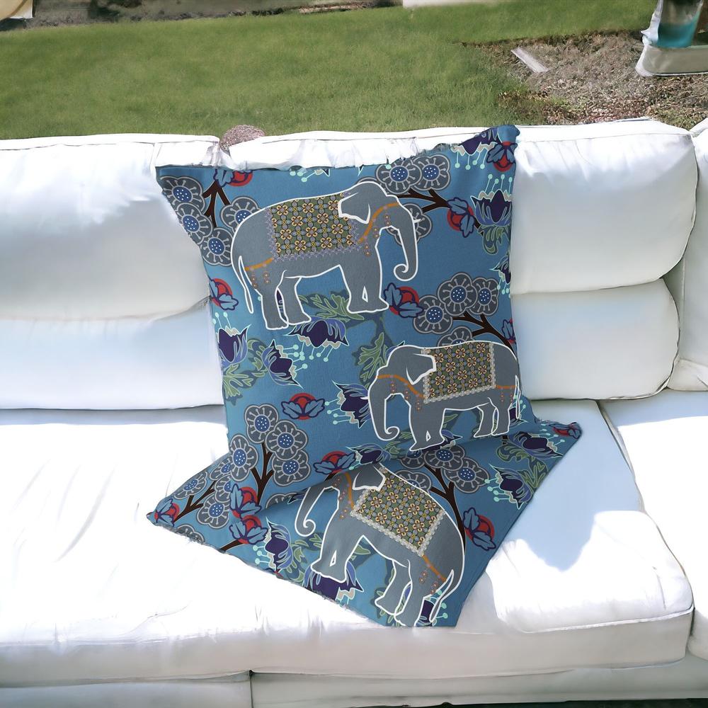 Set of Two 16" X 16" Blue and White Elephant Indoor Outdoor Throw Pillow. Picture 5