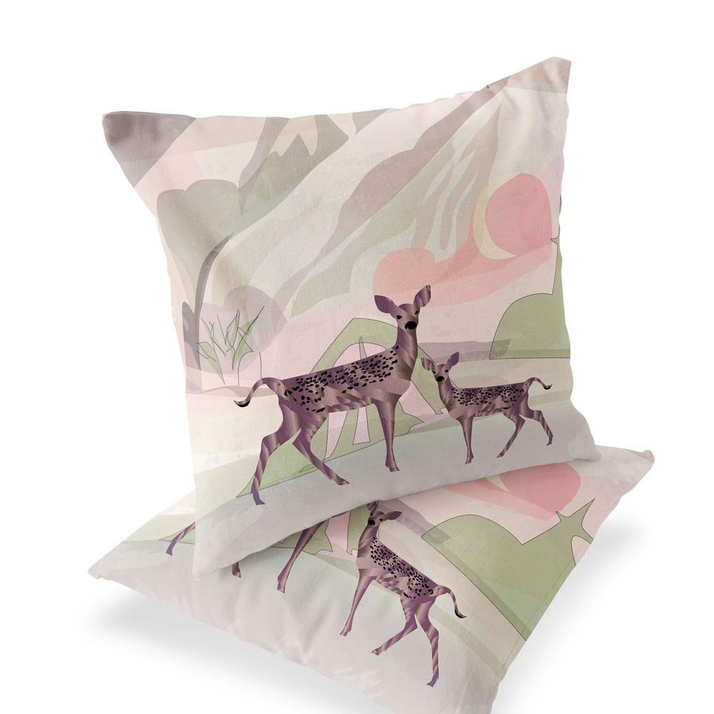 Set of Two 16" X 16" Black and Pink Deer Abstract Indoor Outdoor Throw Pillow. Picture 1