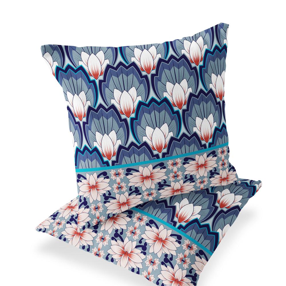 Set of Two 16" X 16" Blue and Orange Botanical Indoor Outdoor Throw Pillow. Picture 1