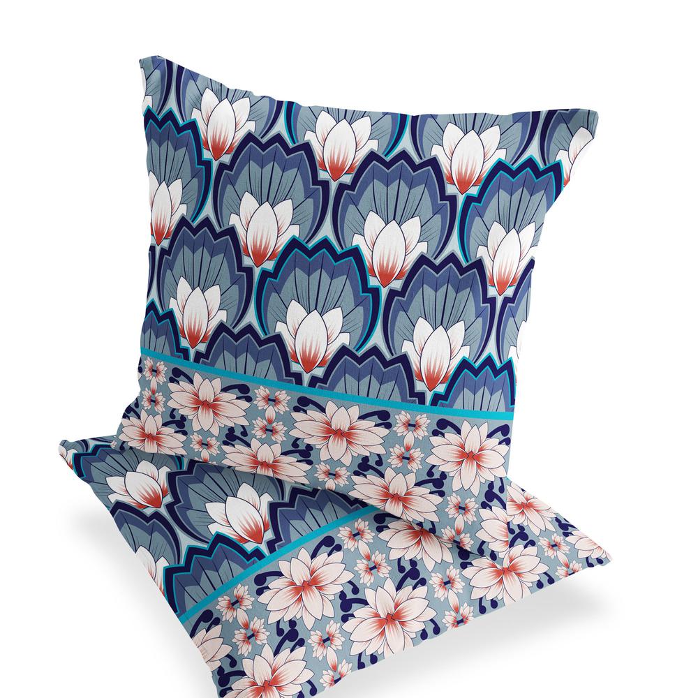 Set of Two 16" X 16" Blue and Orange Botanical Indoor Outdoor Throw Pillow. Picture 4