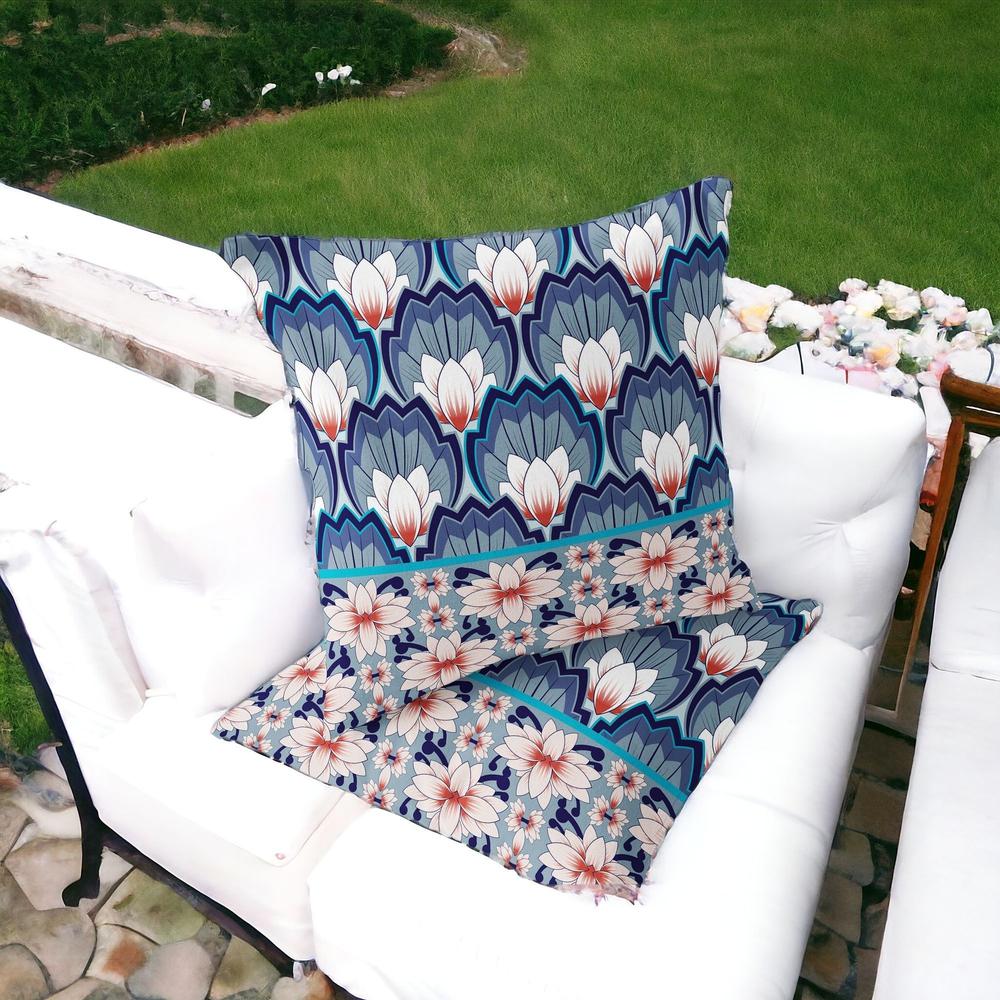 Set of Two 16" X 16" Blue and Orange Botanical Indoor Outdoor Throw Pillow. Picture 2