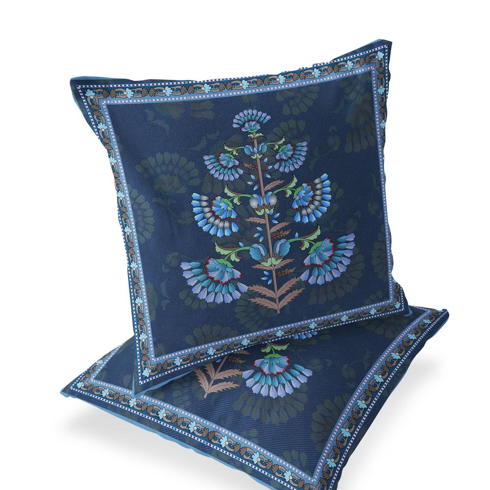 Set of Two 16" X 16" Blue and Brown Botanical Indoor Outdoor Throw Pillow. Picture 1