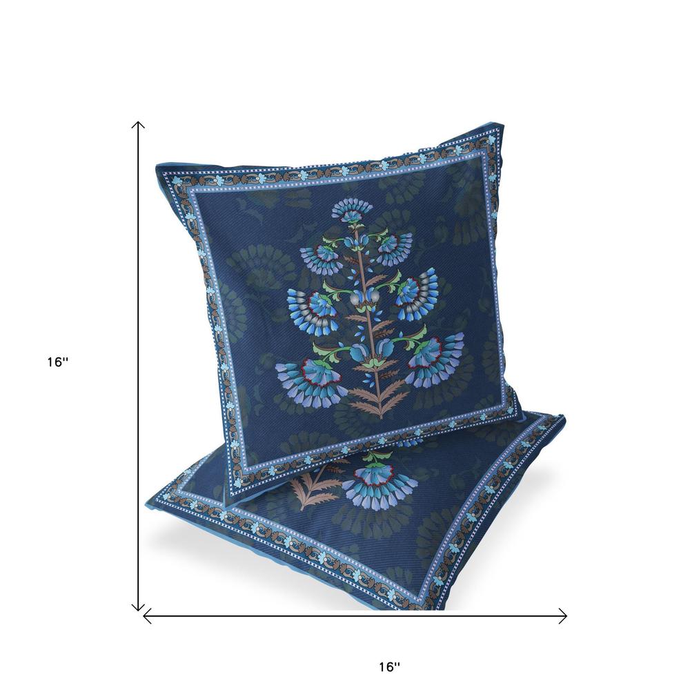 Set of Two 16" X 16" Blue and Brown Botanical Indoor Outdoor Throw Pillow. Picture 4