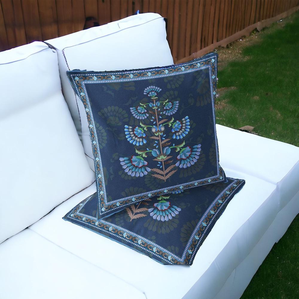 Set of Two 16" X 16" Blue and Brown Botanical Indoor Outdoor Throw Pillow. Picture 5