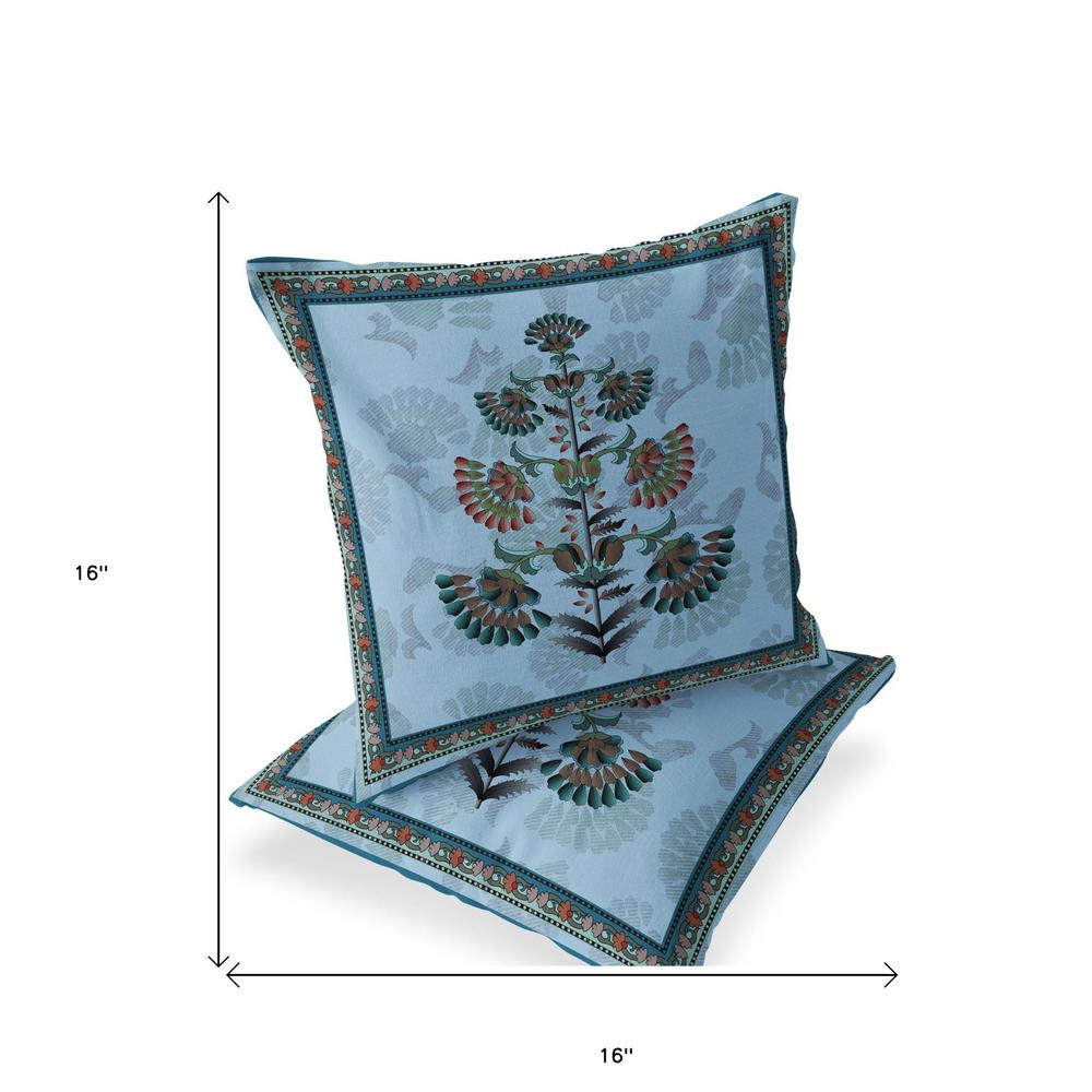 Set of Two 16" X 16" Blue and Green Botanical Indoor Outdoor Throw Pillow. Picture 5