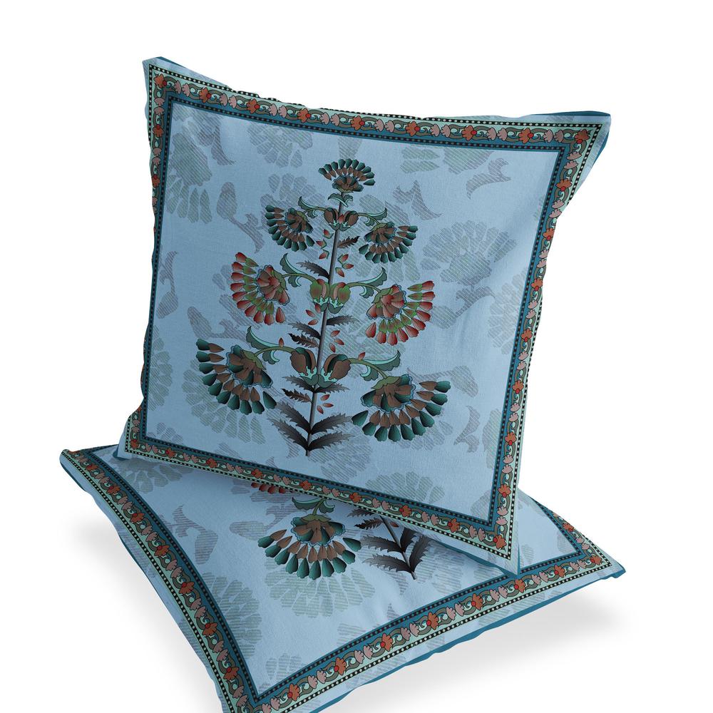 Set of Two 16" X 16" Blue and Green Botanical Indoor Outdoor Throw Pillow. Picture 4