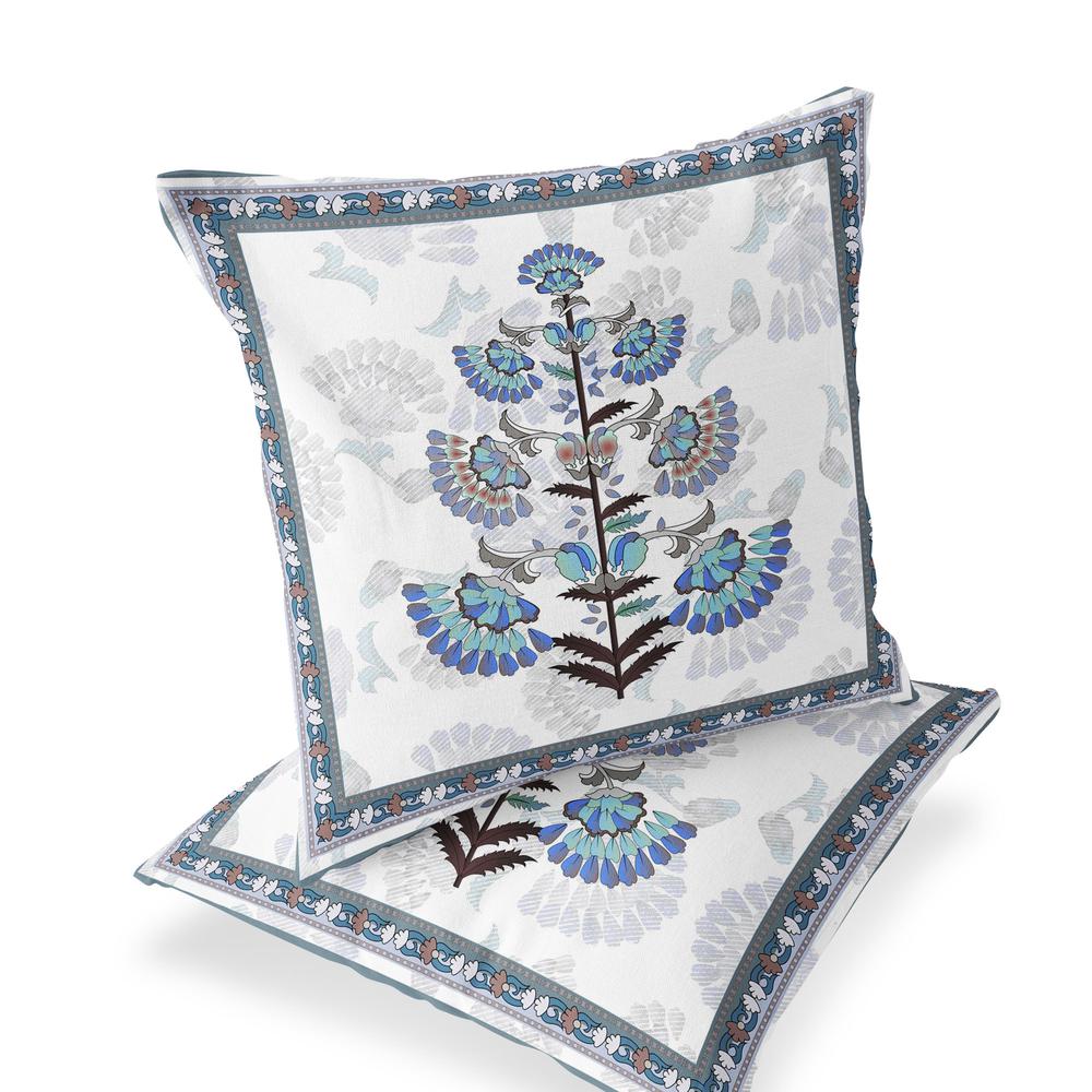 Set of Two 16" X 16" Blue and Off White Botanical Indoor Outdoor Throw Pillow. Picture 1